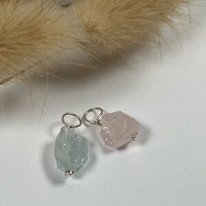Set of 2 Sterling Silver Aquamarine Rose Quartz Gemstone Charm Pendants